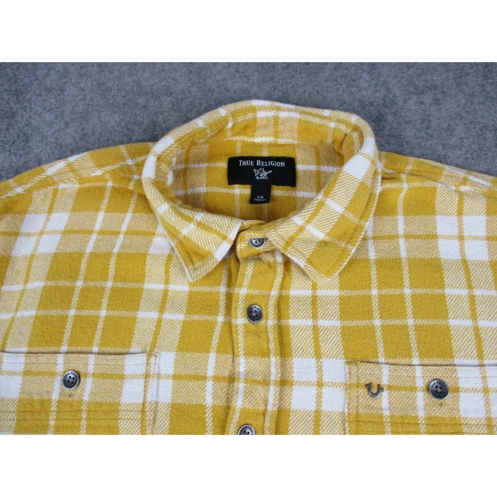True Religion Shirt Mens Large Yellow White Plaid Flannel Long Sleeve Button Up